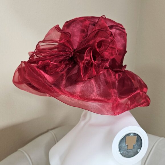 Burgundy Wine Red Organza Kentucky Derby Hat Wide Brim Church Wedding Fascinator - Picture 2 of 5